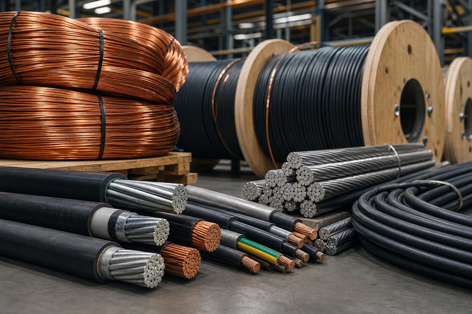 Copper wire coils and industrial cables prepared for supply