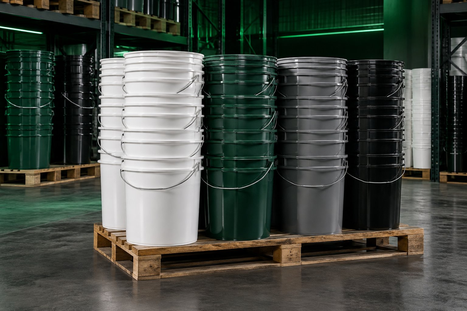 Plastic buckets stacked for trade and industrial supply