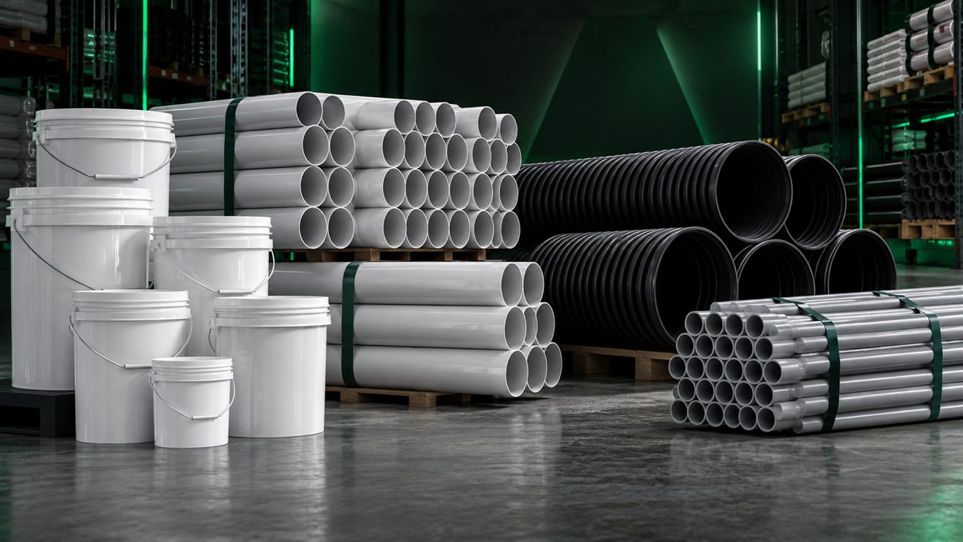 Plastic pipes, buckets and industrial supply materials