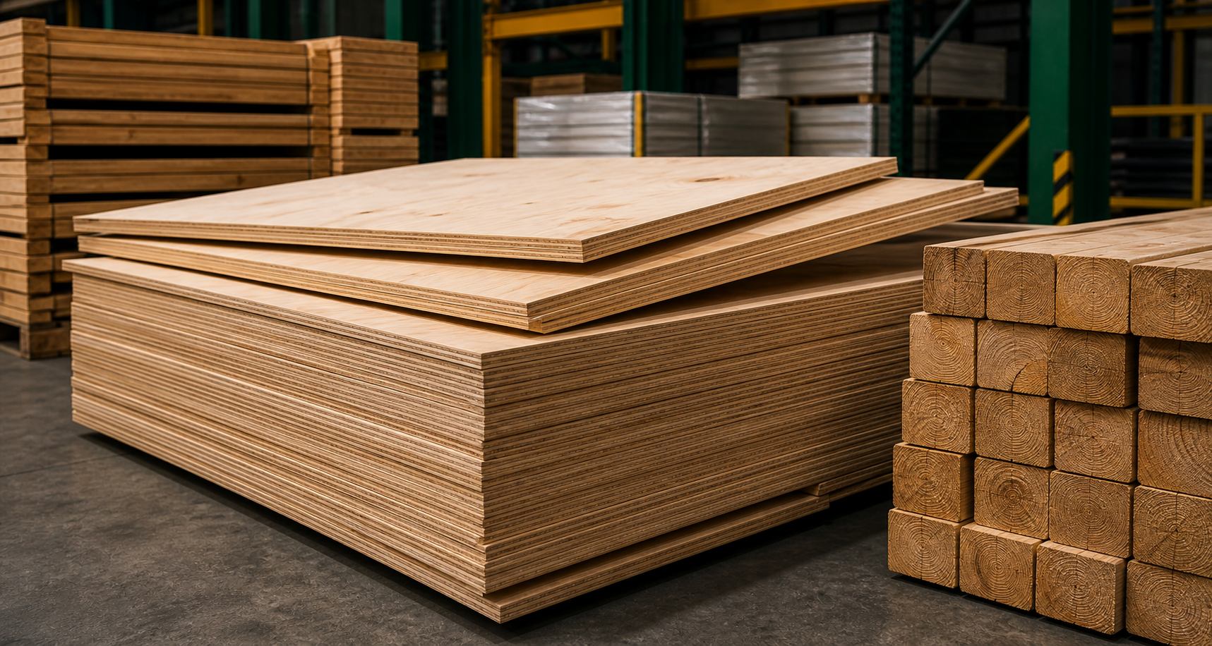 Plywood sheets and wooden blocks stacked for construction supply