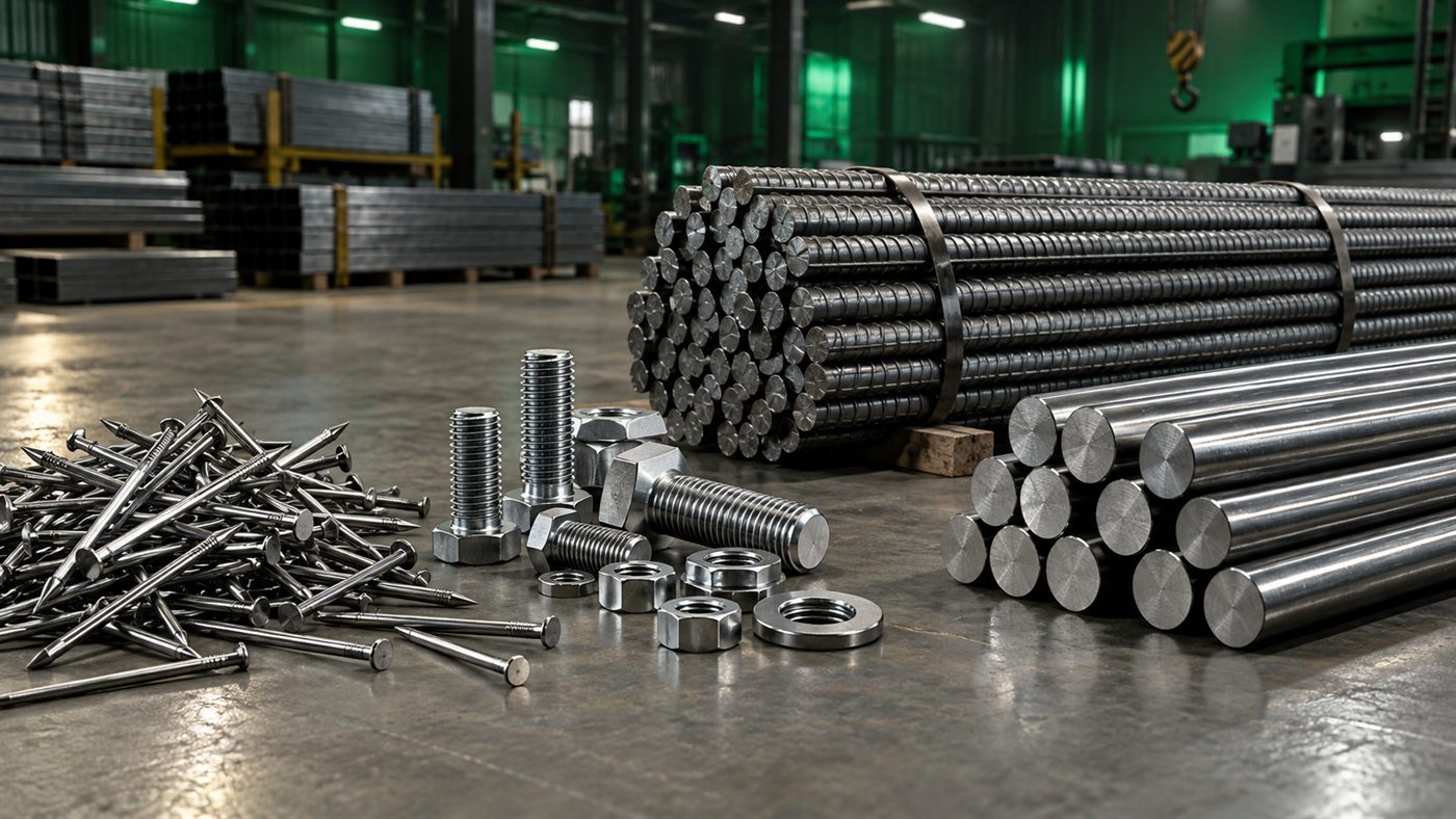 Steel nails, fasteners, rods and rebars
