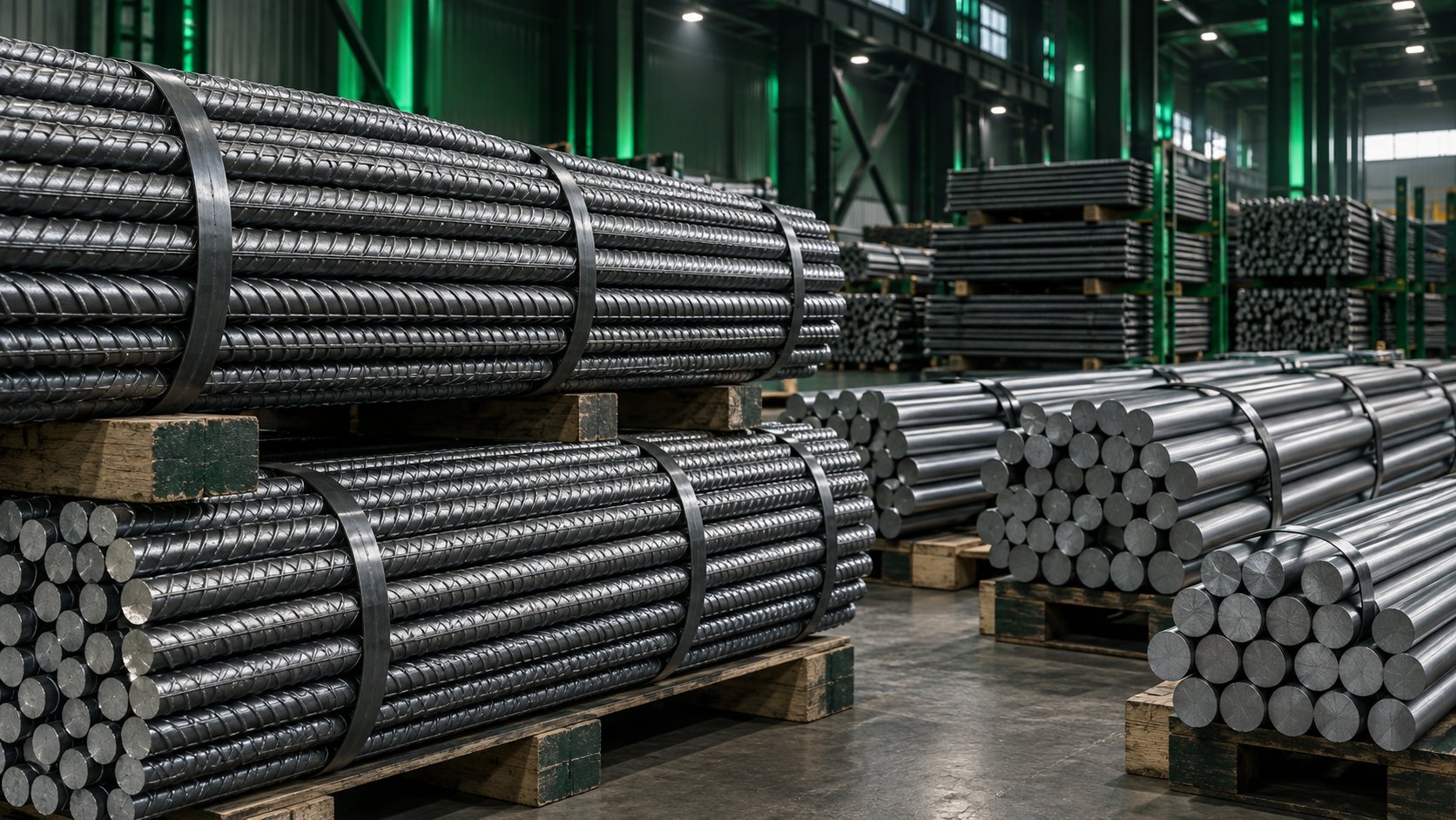 Steel rebars and smooth rods bundled in an industrial warehouse